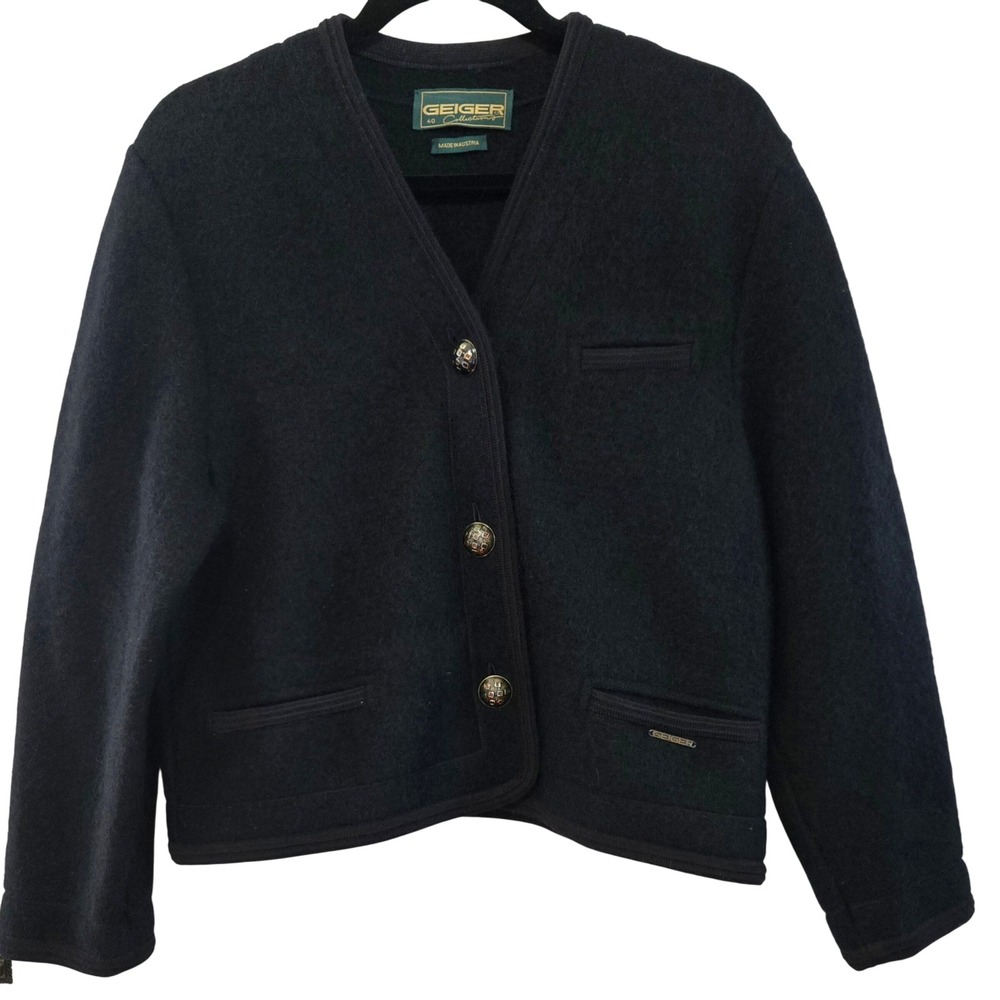 Vintage Geiger Collections Boiled Wool Chic Black Jacket  Made in Austria Sz 40